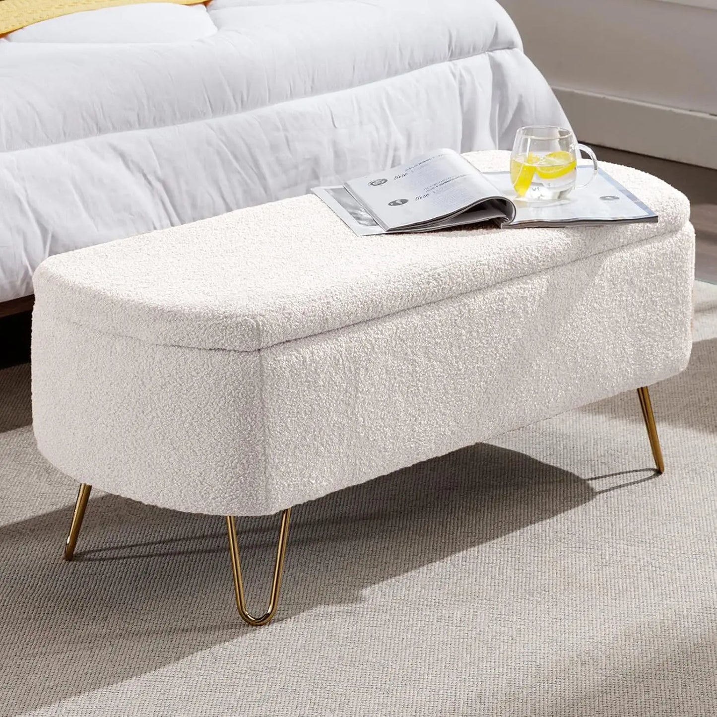 Modern Storage Ottoman Bench, Vintage Boucle Upholstered Entryway Bench, End of Bed Bench with Gold Legs, Padded, Customized