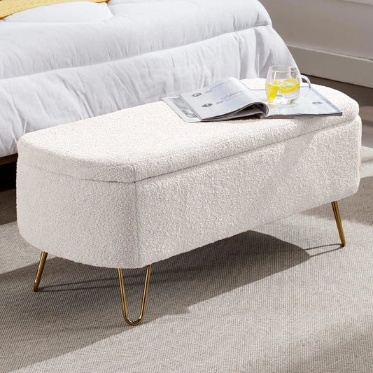 Modern Storage Ottoman Bench, Vintage Boucle Upholstered Entryway Bench, End of Bed Bench with Gold Legs, Padded, Customized