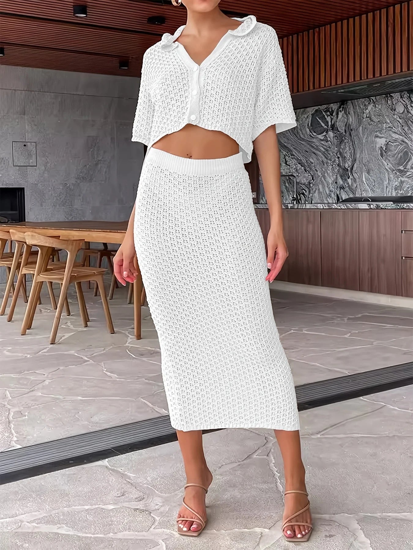 Women's White Hollow Out Knit 2-Piece Set Collared Short Sleeve Crop Top + Bodycon Midi Skirt