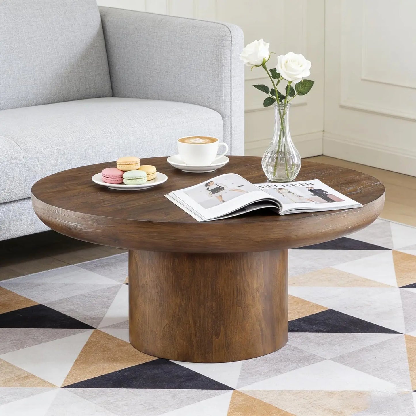 35.98'' Wood Pedestal Coffee Tables for Living Room, Rustic Round Coffee Table Brown, Modern Circle Coffee Table, Customized