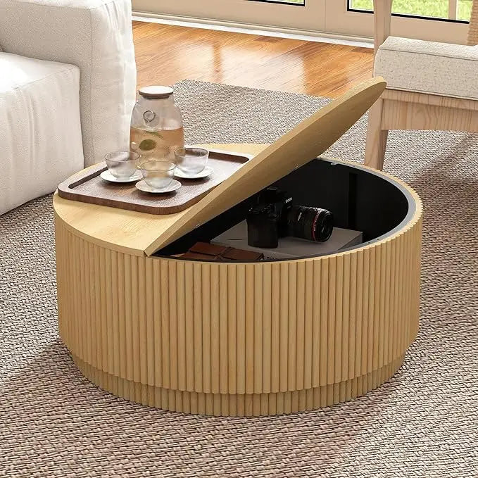 31.5" Round Coffee Table with Storage, Mid Century Modern Coffee Tables with Fluted Base, Wooden Circle Accent Center Table