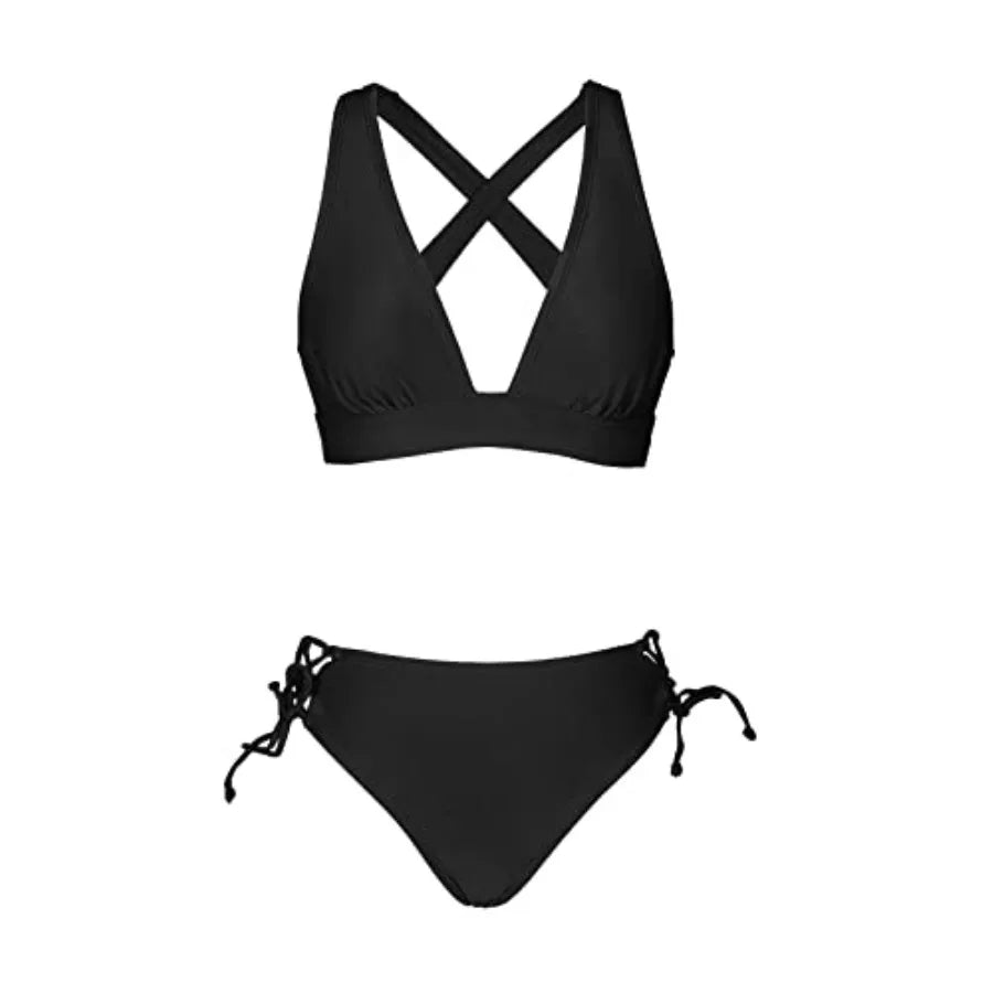 CUPSHE Bikini Set for Women Two Pcs Swimsuit V Neck Triangle Top Wide Straps Cross Back Lace up Mid Rise