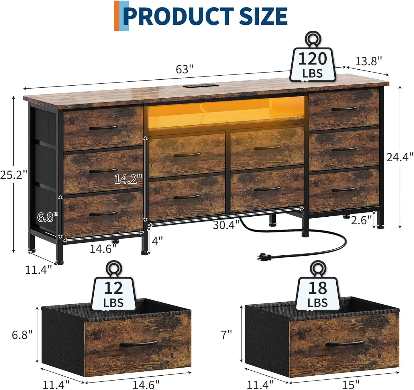TV Stand for 65/70/75" TV, 10 Drawer Dresser with Power Outlets and LED Lights, Entertainment Center TV Stand Storage Drawers