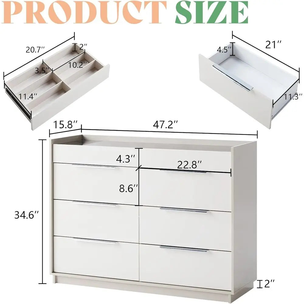 LED-Illuminated 8 Drawer High Gloss Chest with Glass Top and 2 Six-Grid Drawers, Suitable for Bedroom, Living Room, Dining Room