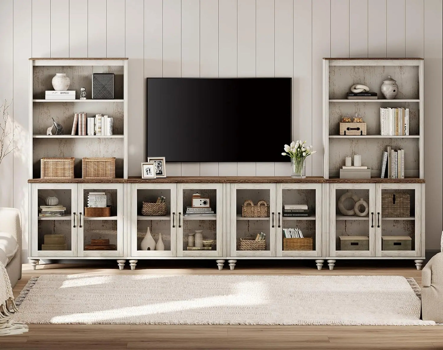 Farmhouse TV Stand Media Console Bookshelves Glass Doors Living Room Bedroom 75",Customized