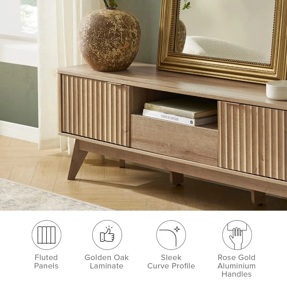 Mid-Century Modern TV Stand Adjustable Shelf Sturdy Box Frame Leg 50-59in Golden Oak 57in ,Customized