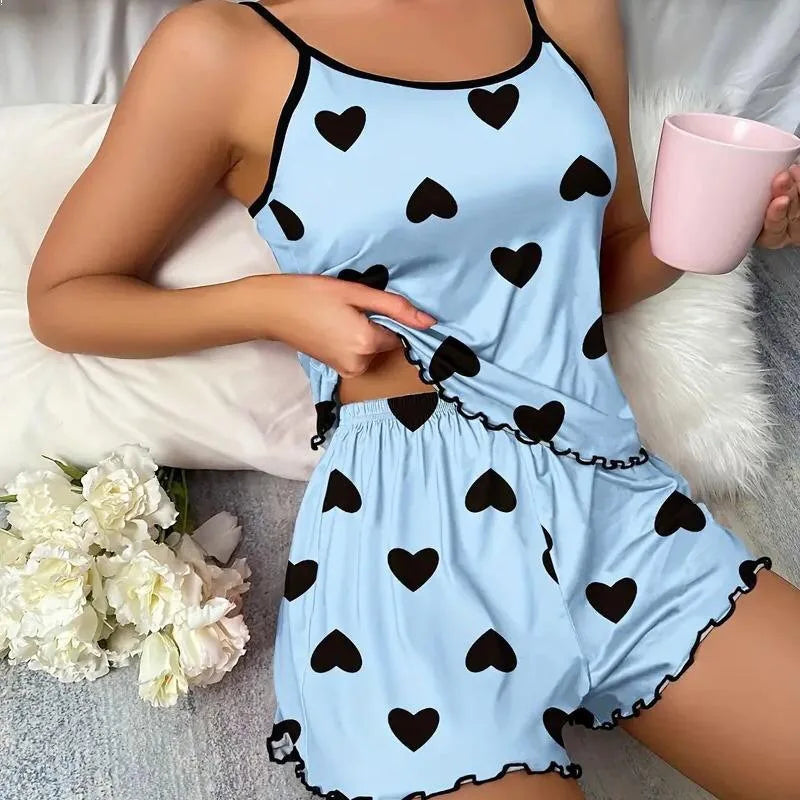 Ice Silk Pajamas for Women, Cute Heart Print Short Sleeve Sleepwear Set, Cool & Breathable Summer PJs