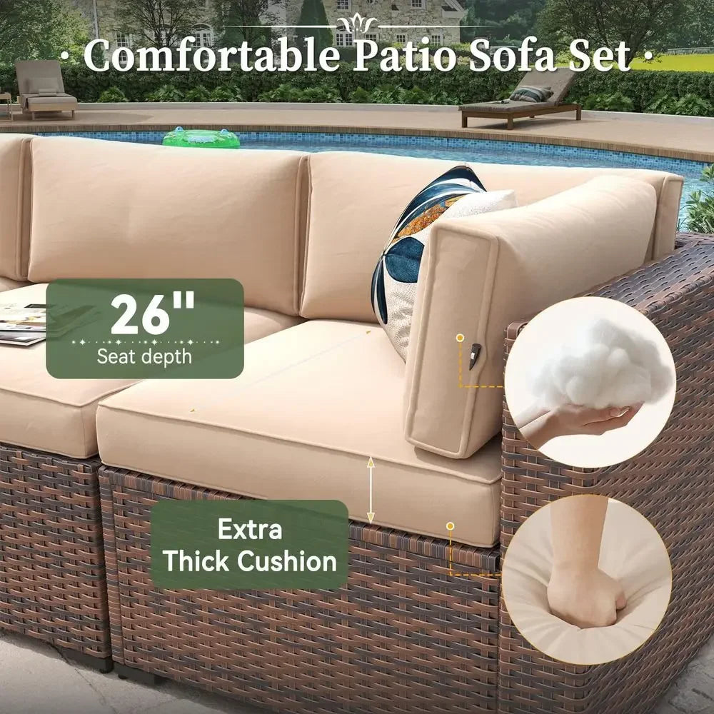 8 Piece Patio Furniture Set with 44 Fire Pit Table Wicker Rattan Outdoor Sectional Sofa Set with Coffee Table and Thickened Cus