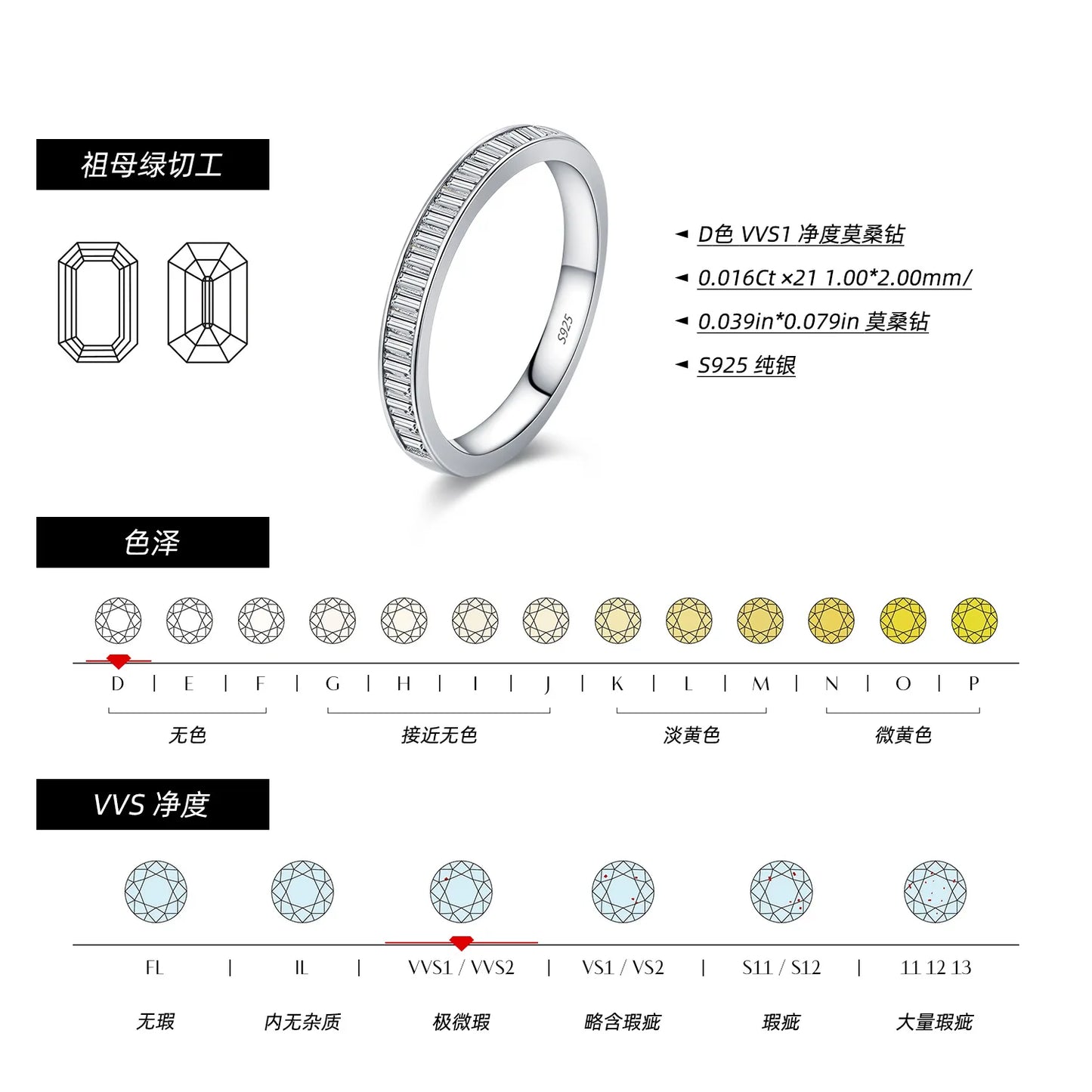 LYEE CYEE Dazzling D Color Rectangle Moissanite Stackable Rings 925 Sterling Silver Eternity Band Rings For Women Fine Jewelry