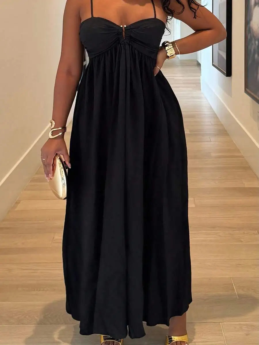 Black Pleated Sleeveless Maxi Dress with Ruched Bust, Boho Style for Summer Vacation