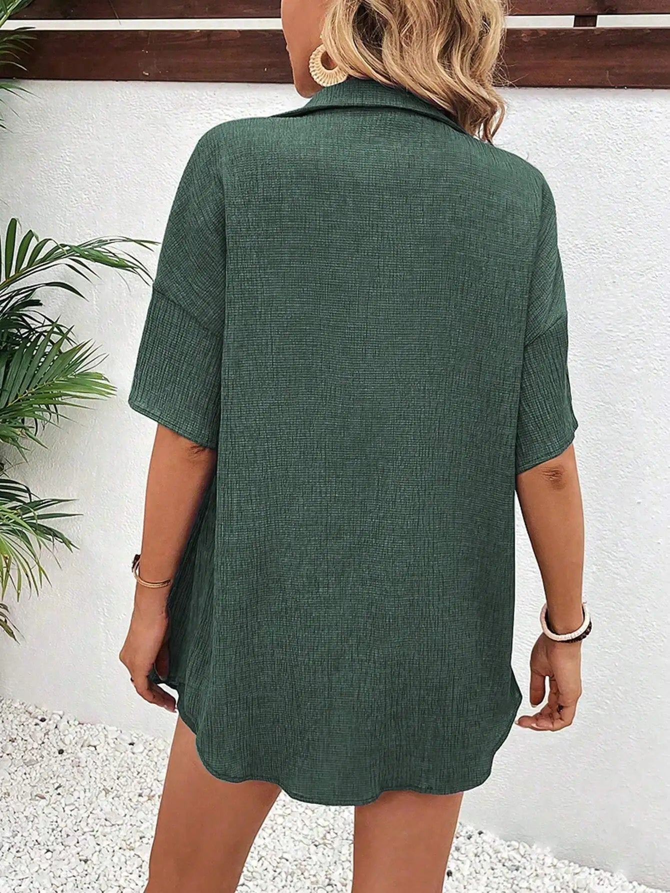 Women's Front Button Collar Short Sleeve Blouse And Tie Waist Shorts Set