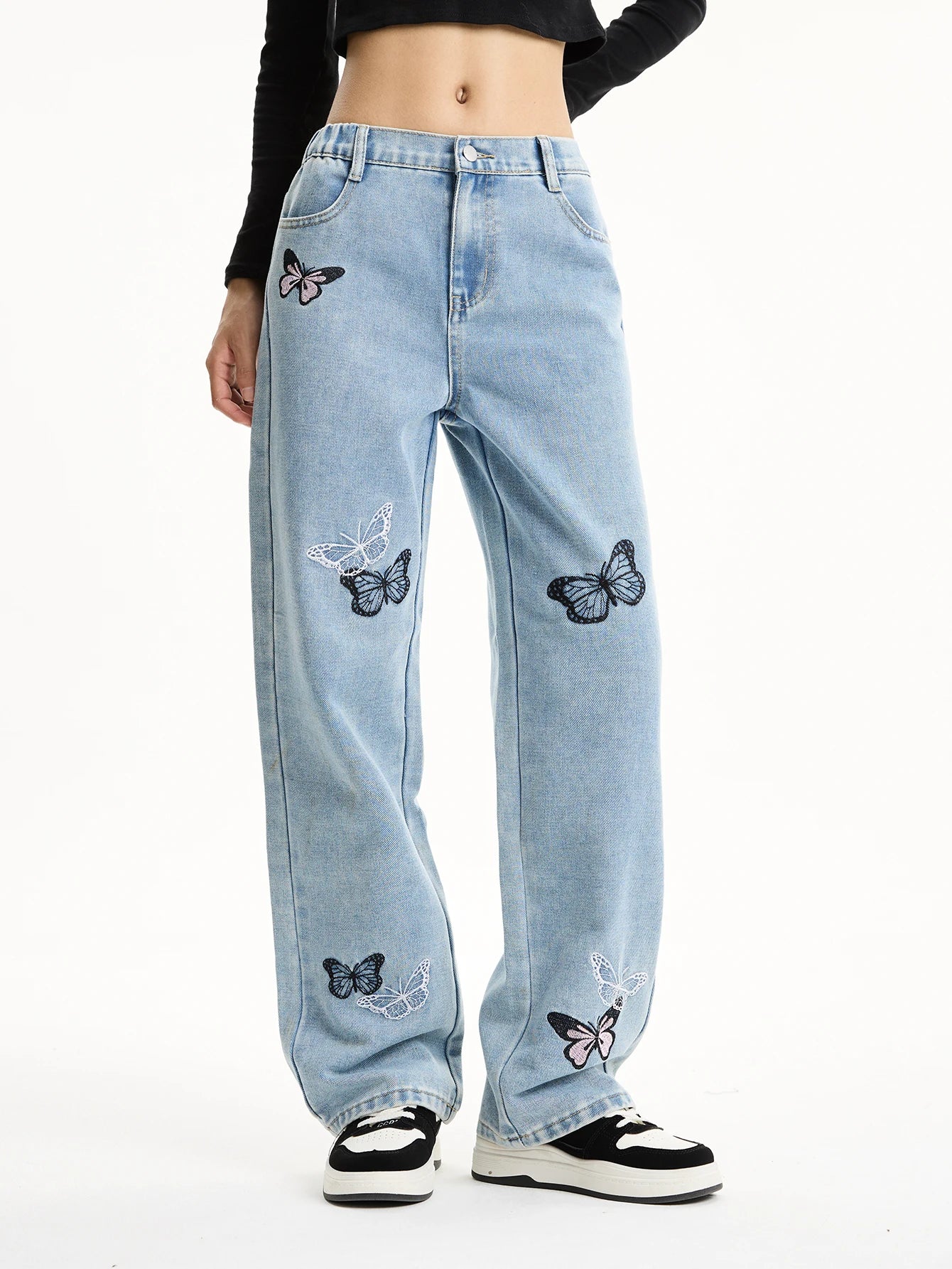 Retro butterfly embroidered long straight leg jeans for middle and high school girls and teenagers, loose and casual wide-leg st