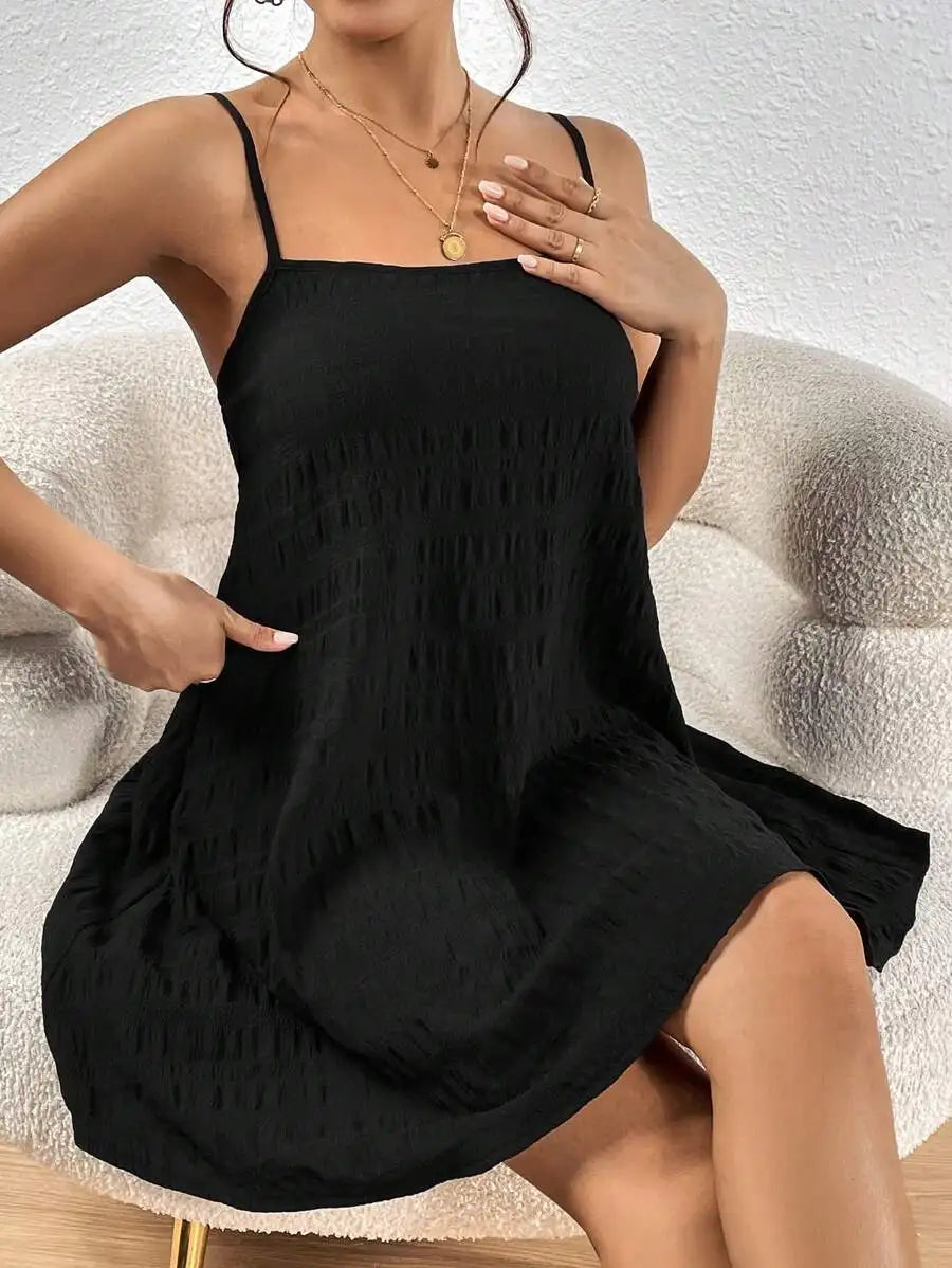 Black Smocked Square Neck Sleeveless A-Line Dress Summer Casual