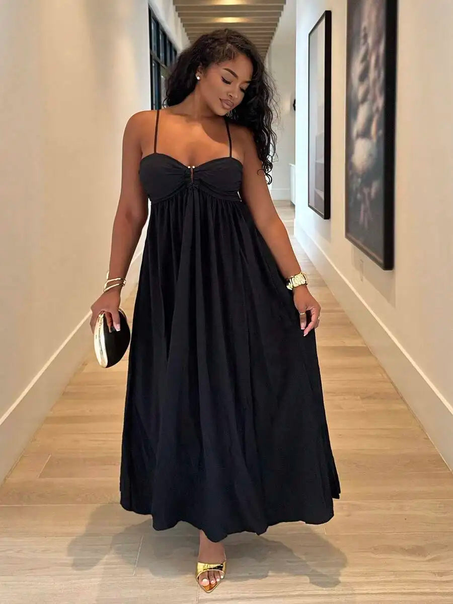 Black Pleated Sleeveless Maxi Dress with Ruched Bust, Boho Style for Summer Vacation
