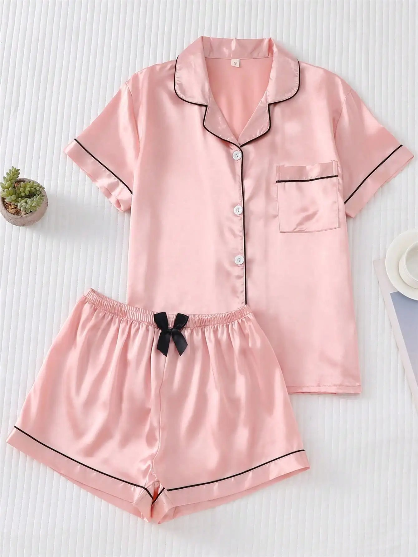 Teal Satin Pajama Set with White Trim, Short Sleeve Button-Up Top and Bowknot Shorts