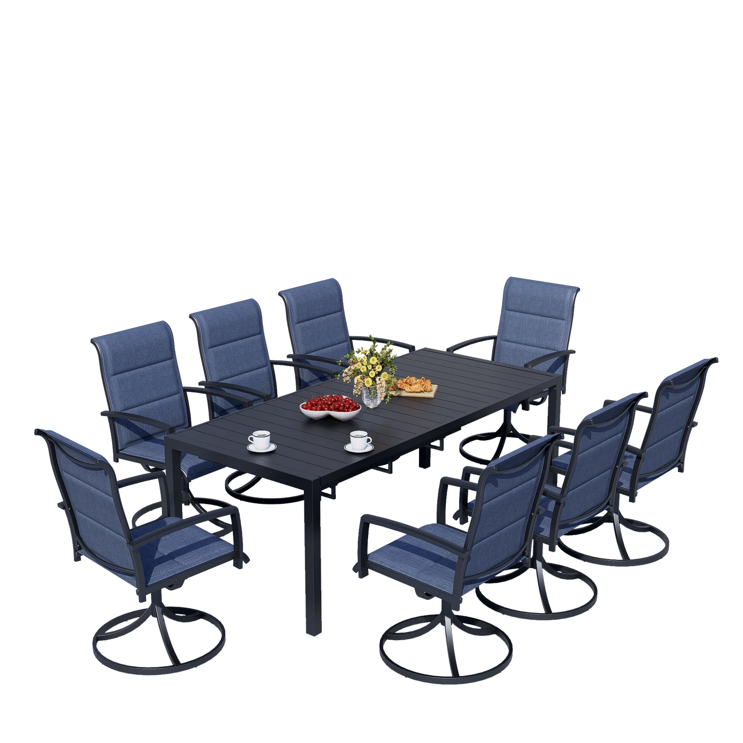 BIGGET 9-Piece Outdoor Dining Set Extendable Table & 8 Blue Foam Padded Textilene Swivel Chairs for Patio Garden Poolside