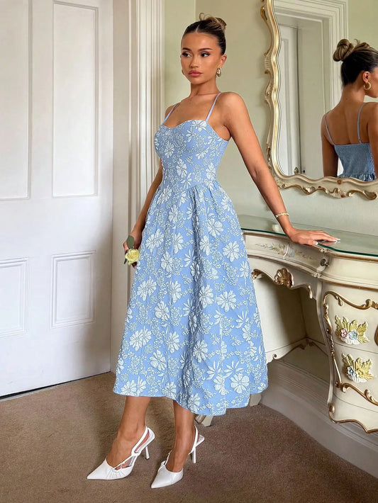 Glamine Charm Glamine Blue Elegant Sexy Spaghetti Strap Backless Jacquard Long Dress, Flared Skirt For Women,Summer