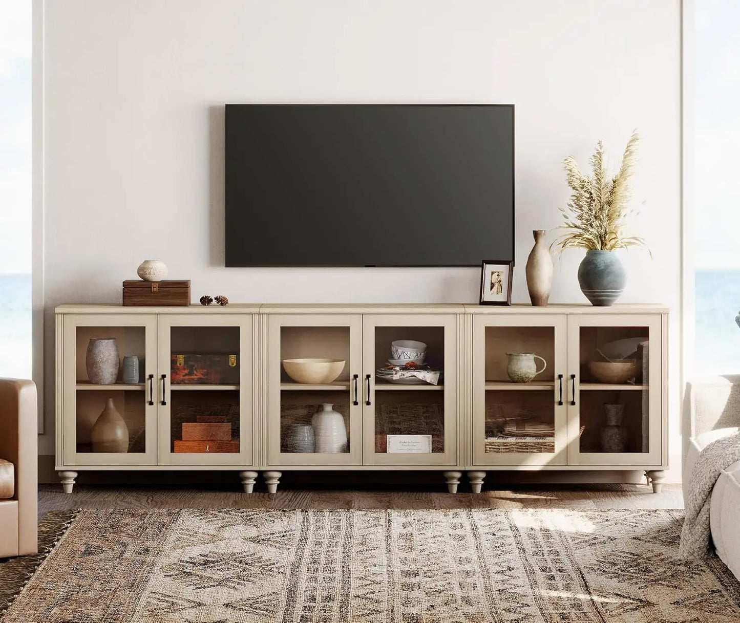 Customizable 100 Inch Light Oak Wood TV Stand, Glass Door Entertainment Center Buffet Cabinet with 6 Storage Spaces for Dining