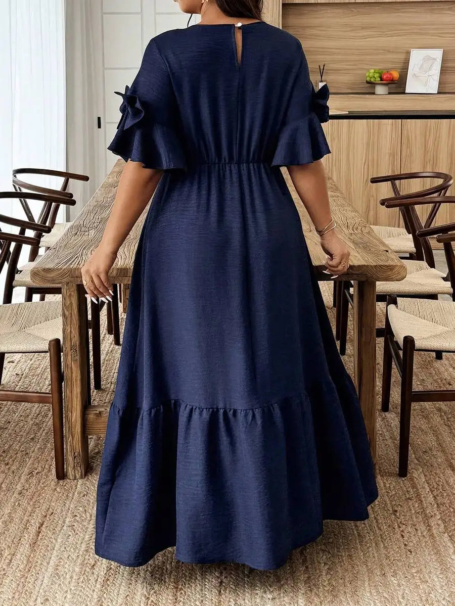 Navy Blue Solid Round Neck Ruffle Sleeve Maxi Dress with Tiered Skirt