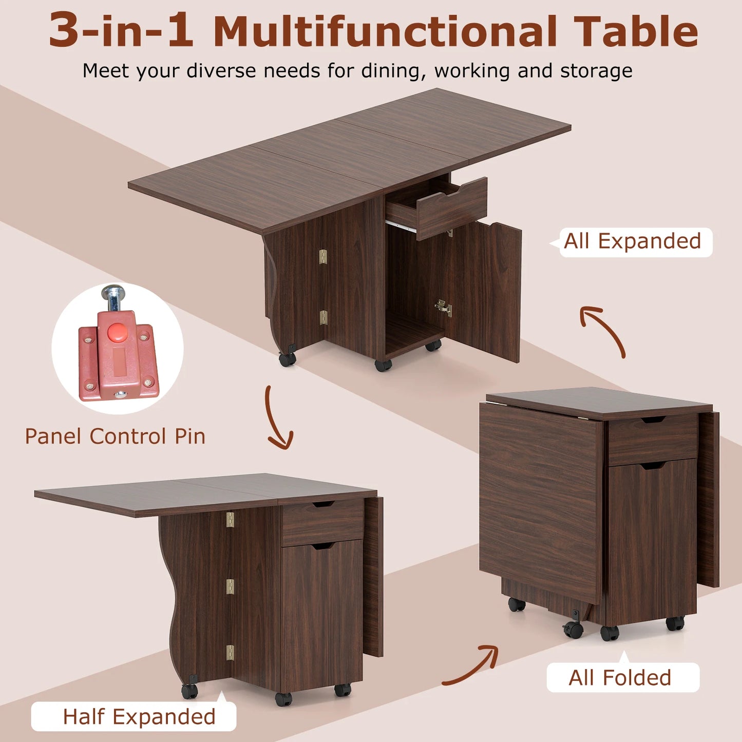 HOMASIS Folding Dining Table With Lockable Wheels, 2 Drawers