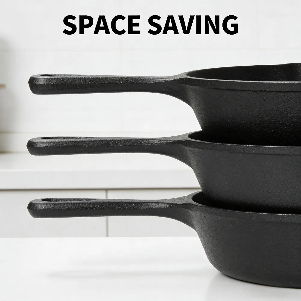 3PCS Pre-Seasoned Cast Iron Skillet Set, Pans for Oven Grill Campfire, Durable Cookware for Home Outdoor Cooking
