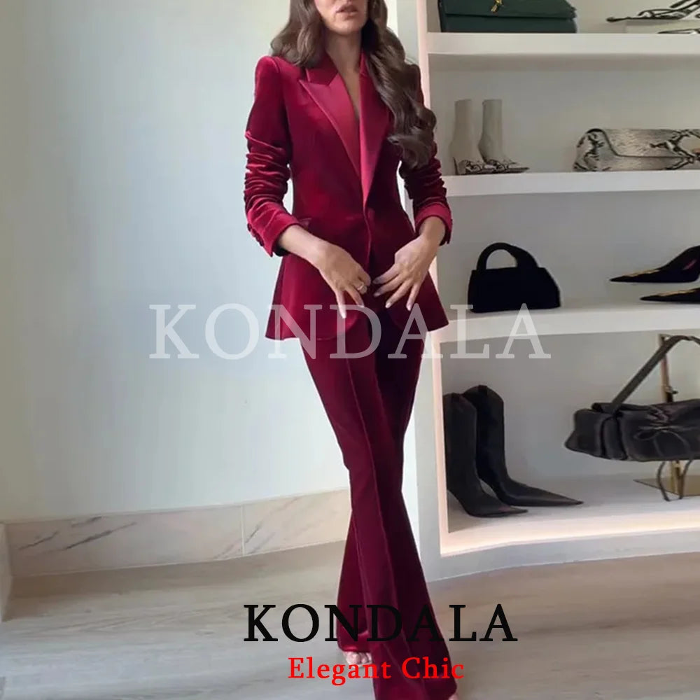 KONDALA Velvet Office Blazer Set For Women Notched Lapel With Pants
