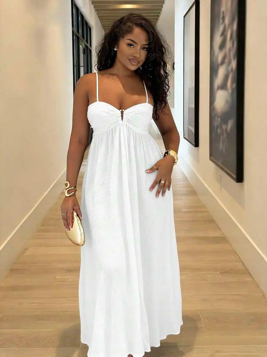 Black Pleated Sleeveless Maxi Dress with Ruched Bust, Boho Style for Summer Vacation