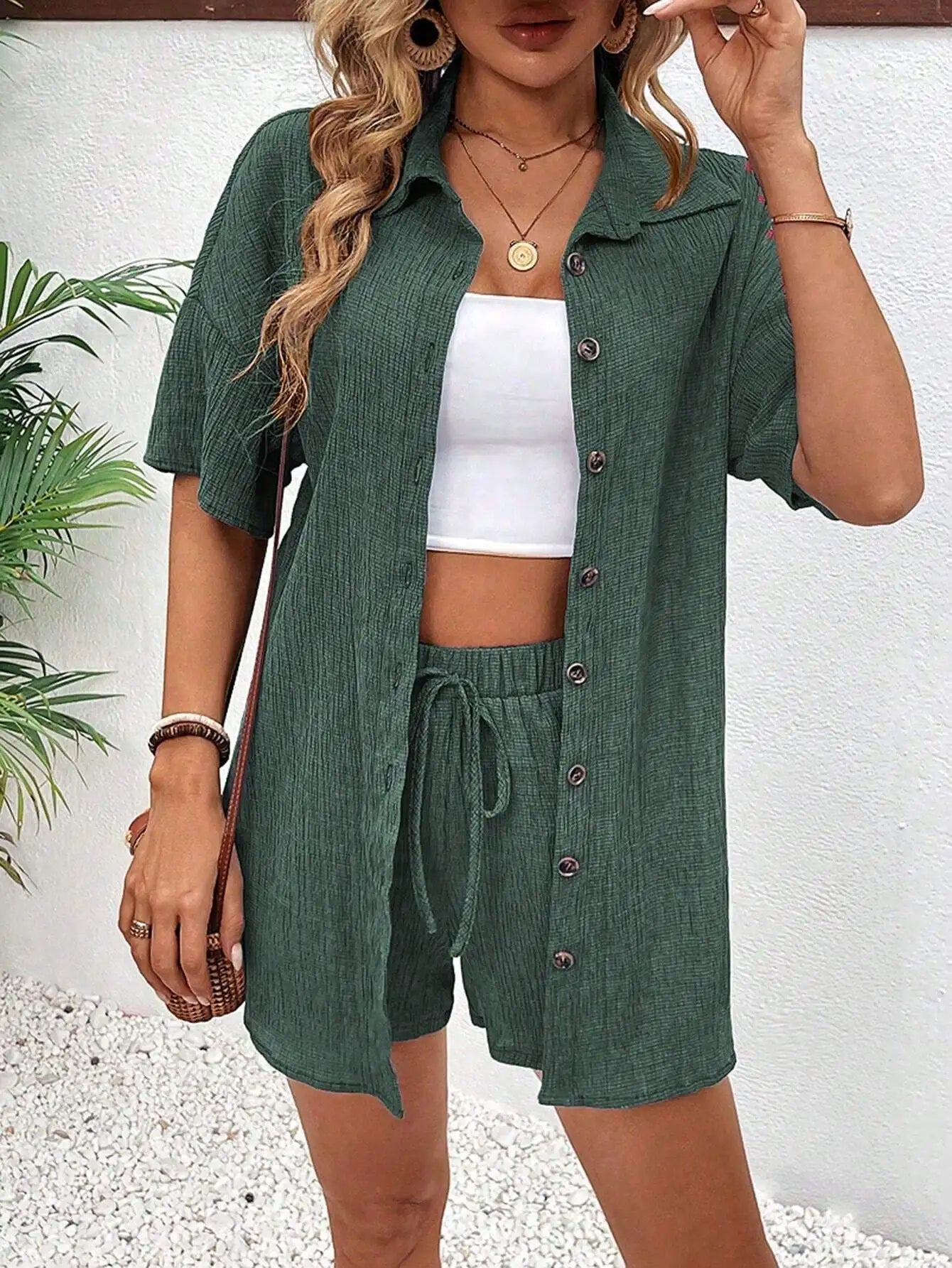 Women's Front Button Collar Short Sleeve Blouse And Tie Waist Shorts Set