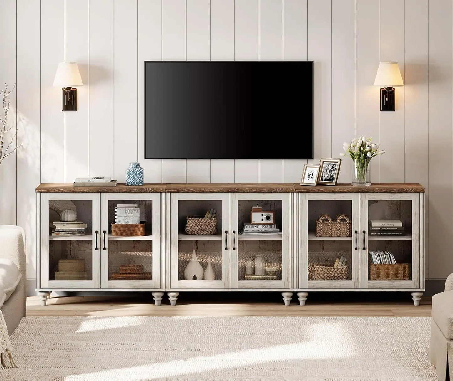 Customizable 100 Inch Light Oak Wood TV Stand, Glass Door Entertainment Center Buffet Cabinet with 6 Storage Spaces for Dining