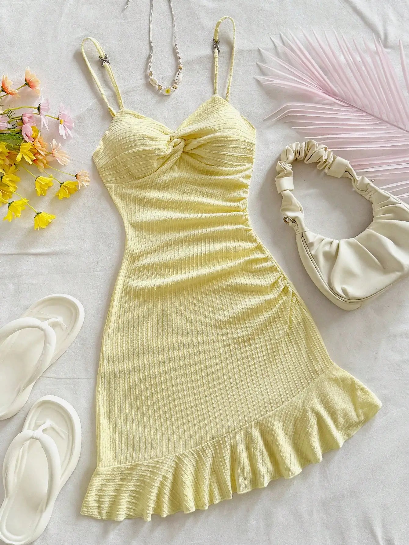White Textured Knit Dress with Twist Bust and Ruffle Hem, Fitted Silhouette for Summer Vacations and Casual Outings