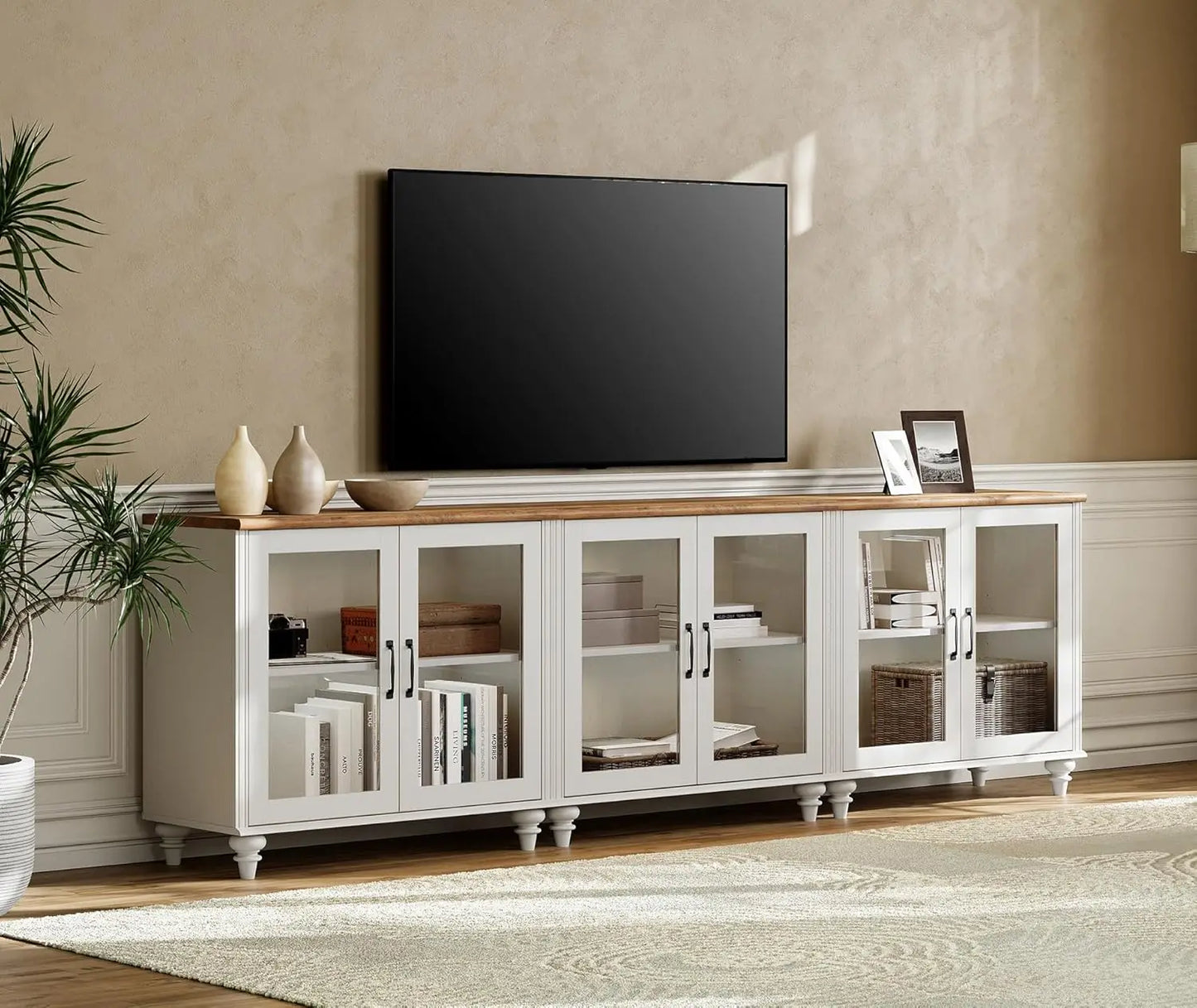 Customizable 100 Inch Light Oak Wood TV Stand, Glass Door Entertainment Center Buffet Cabinet with 6 Storage Spaces for Dining