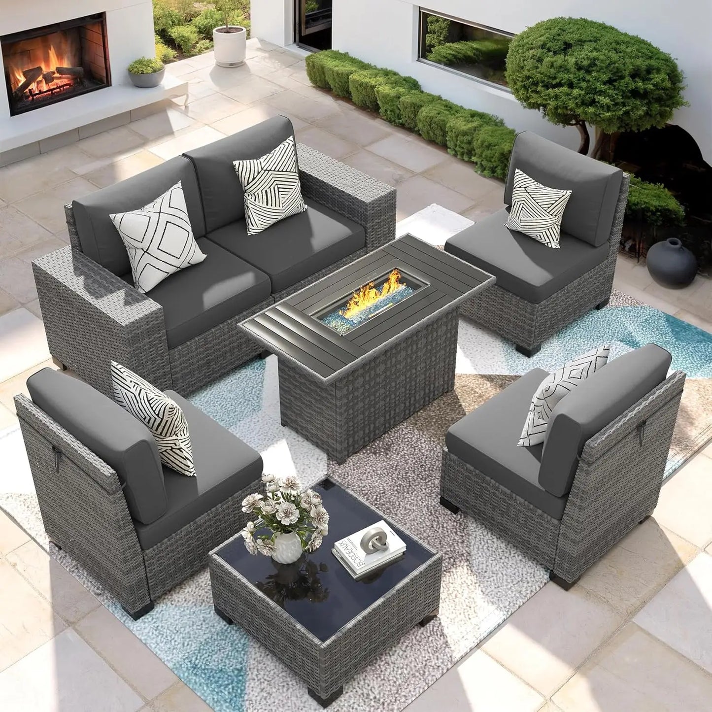 Patio Furniture Set with Fire Pit Table, 7 Piece Outdoor Sectional Conversation Sets Wicker Rattan Sectional Sofa, Customized