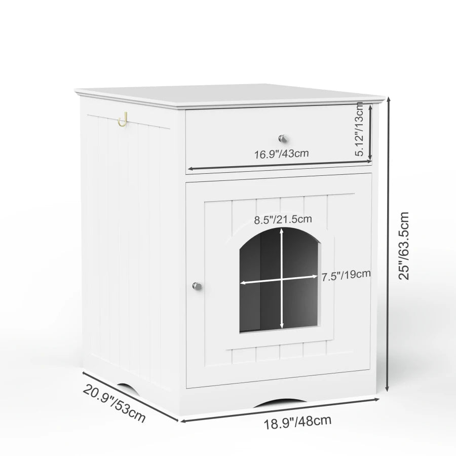 Wooden Pet House Cat Litter Box Enclosure with Drawer Side Table Indoor Pet Crate Cat Home Nightstand White