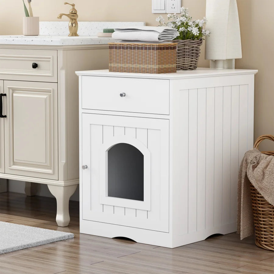 Wooden Pet House Cat Litter Box Enclosure with Drawer Side Table Indoor Pet Crate Cat Home Nightstand White