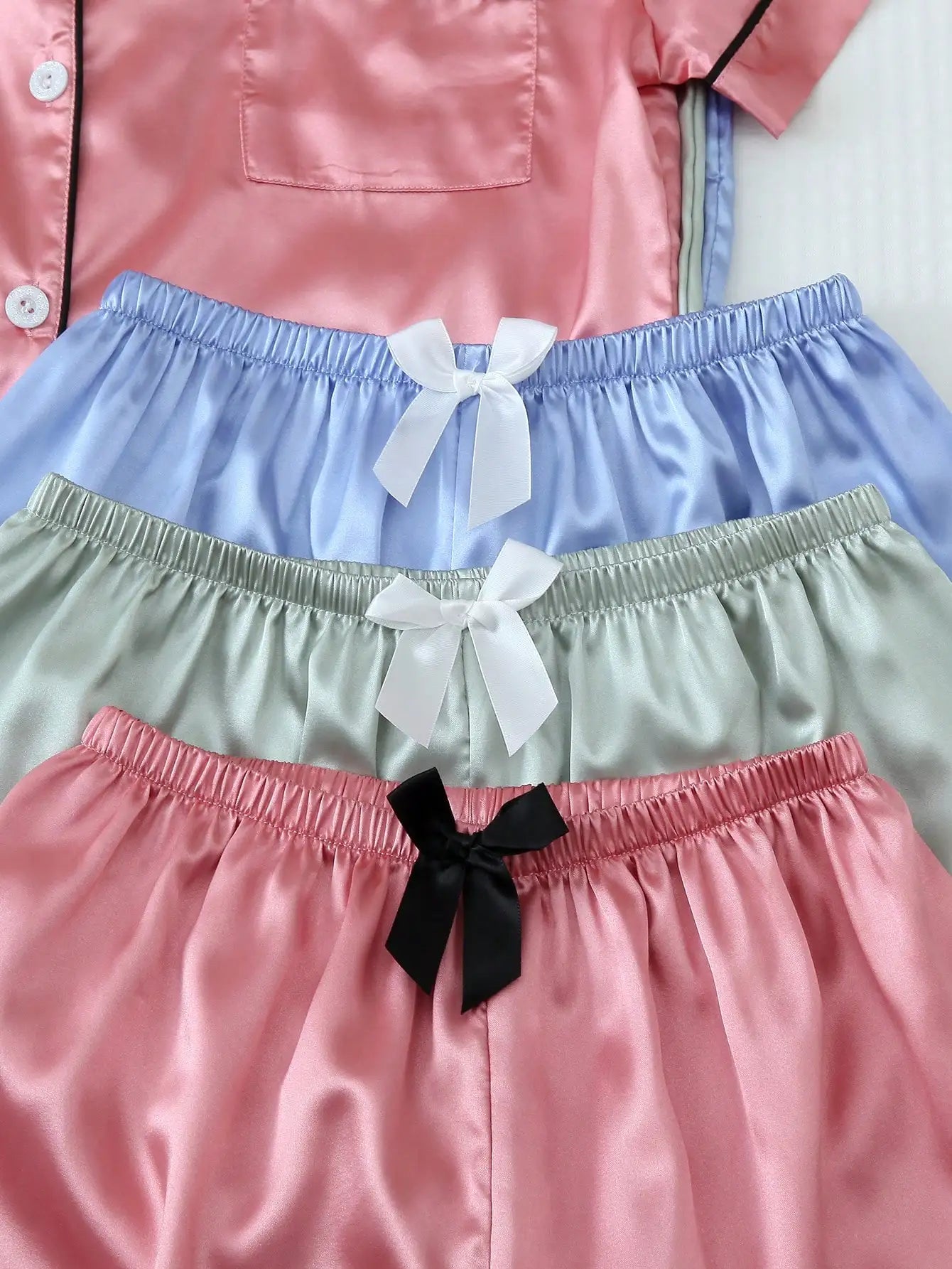 3-Piece Satin Pajama Set: Short Sleeve Button-Up Top & Bowknot Shorts for Women
