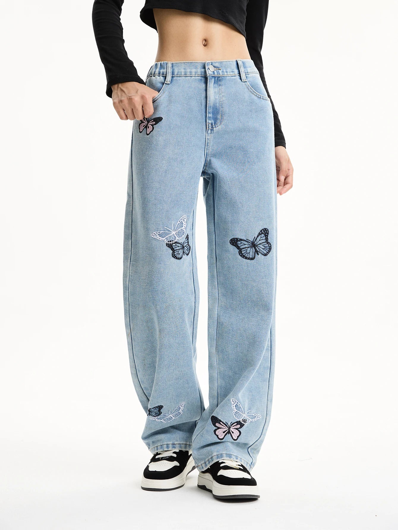 Retro butterfly embroidered long straight leg jeans for middle and high school girls and teenagers, loose and casual wide-leg st