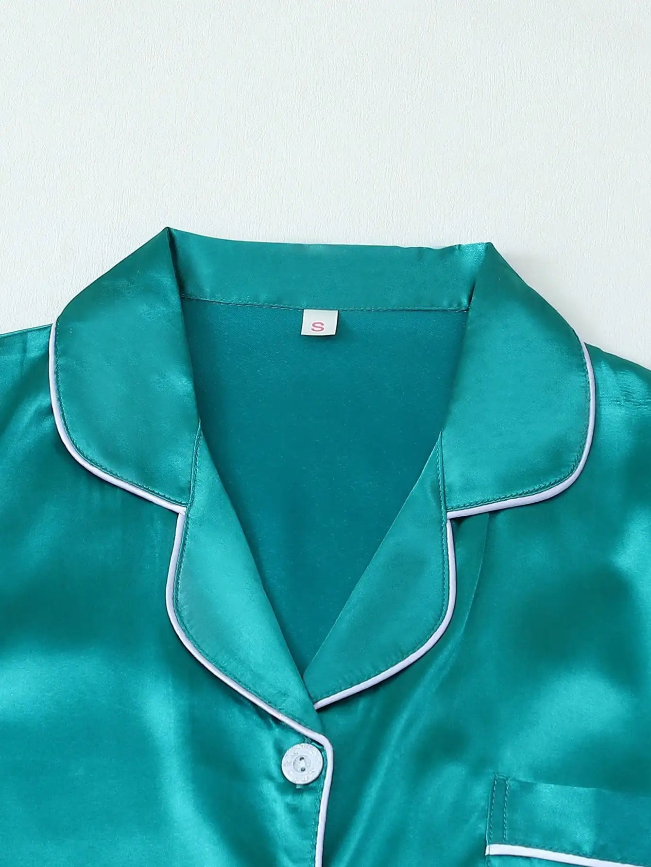 Teal Satin Pajama Set with White Trim, Short Sleeve Button-Up Top and Bowknot Shorts