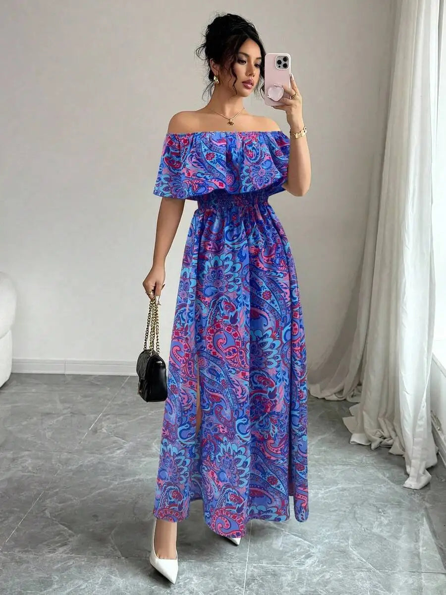 Off-Shoulder Ruffled Sleeve Floral Maxi Dress with High Slit for Beach Vacation