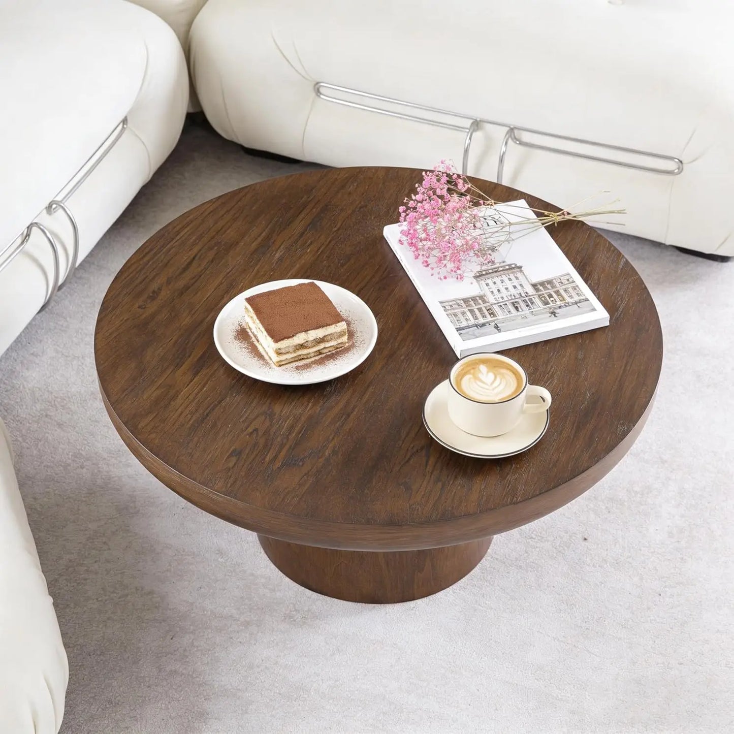 35.98'' Wood Pedestal Coffee Tables for Living Room, Rustic Round Coffee Table Brown, Modern Circle Coffee Table, Customized