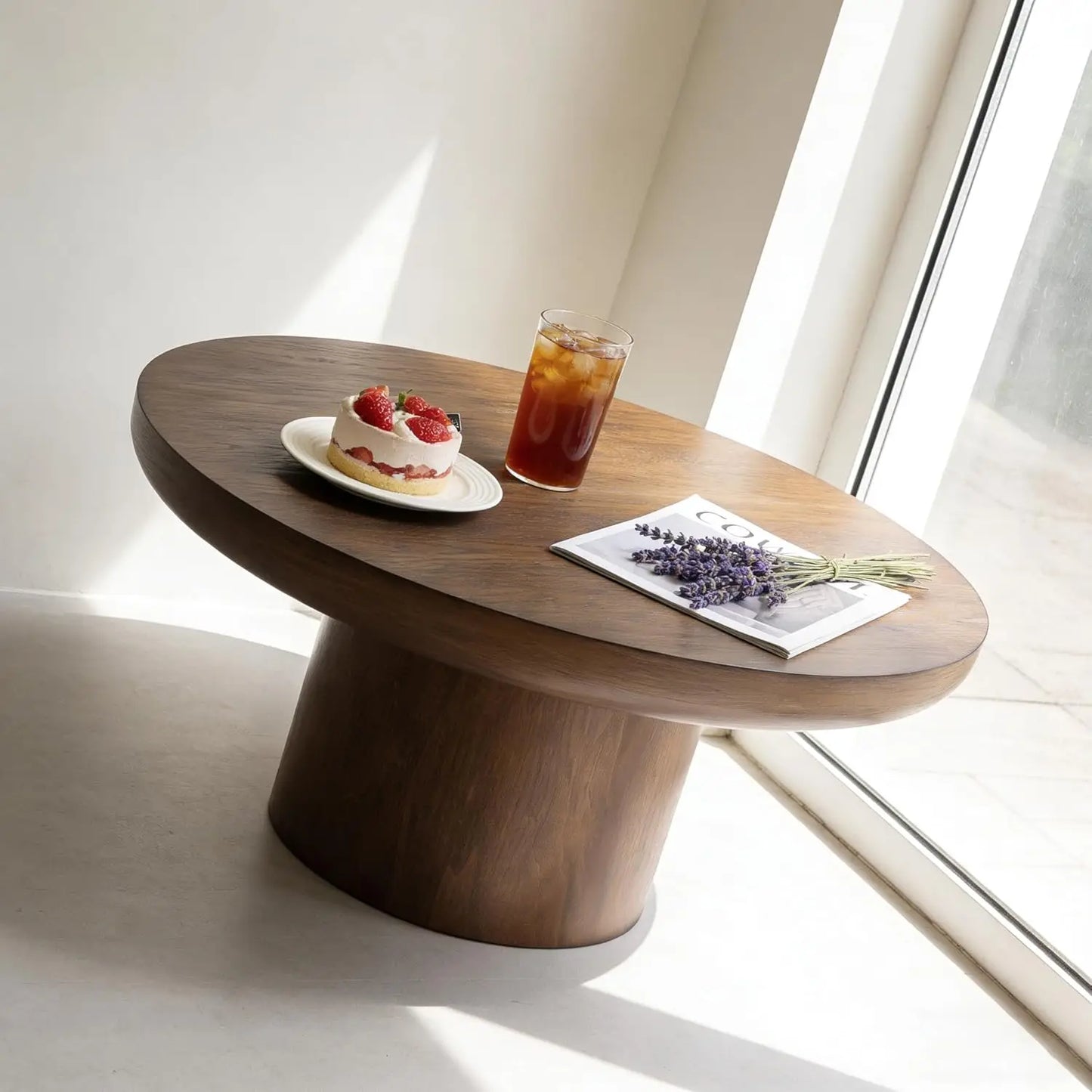 35.98'' Wood Pedestal Coffee Tables for Living Room, Rustic Round Coffee Table Brown, Modern Circle Coffee Table, Customized