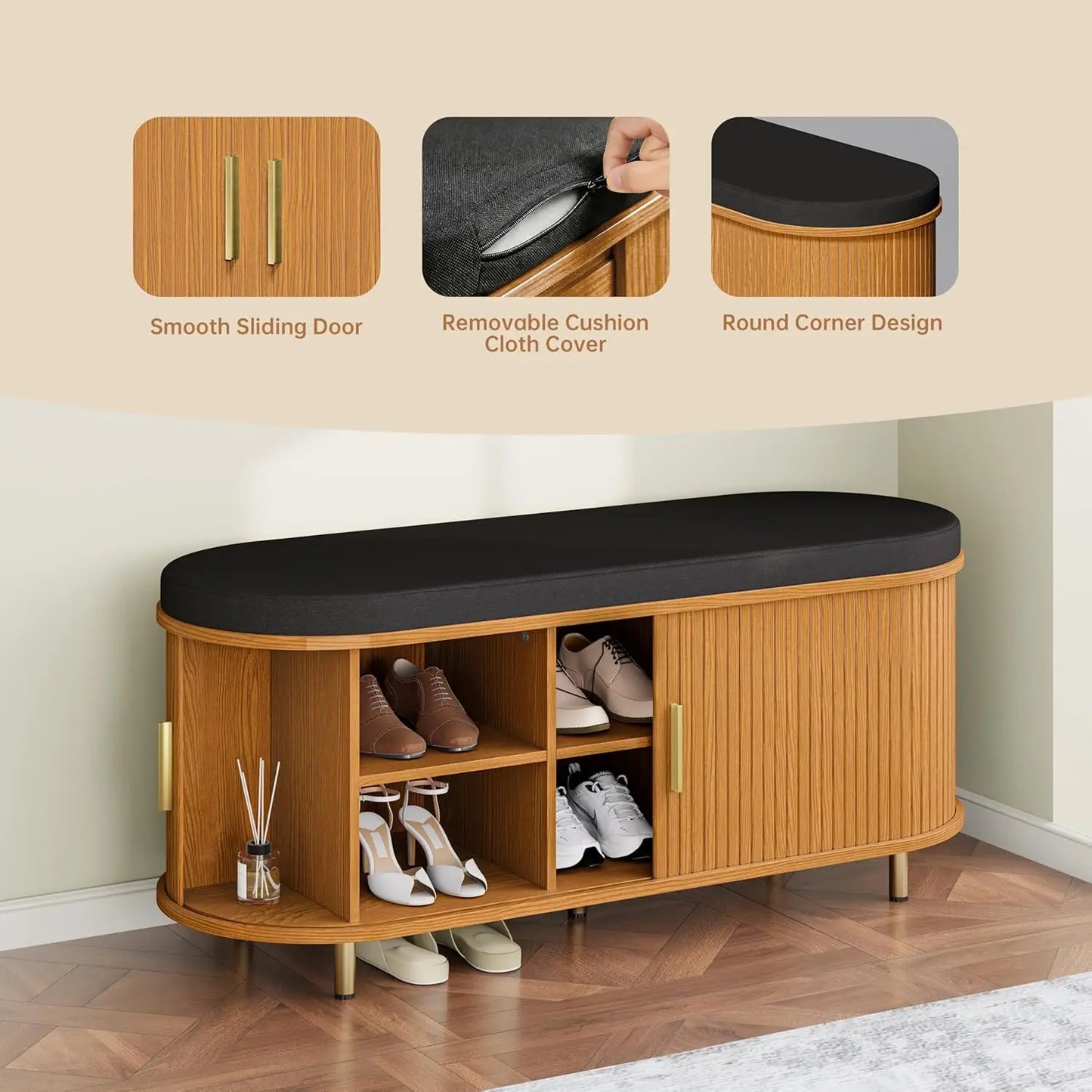 2-Tier Storage Bench, 43.3" Wide Shoe Bench with Thickened Padded Seat Cushion, Mid Century Modern Fluted Sliding, Customized