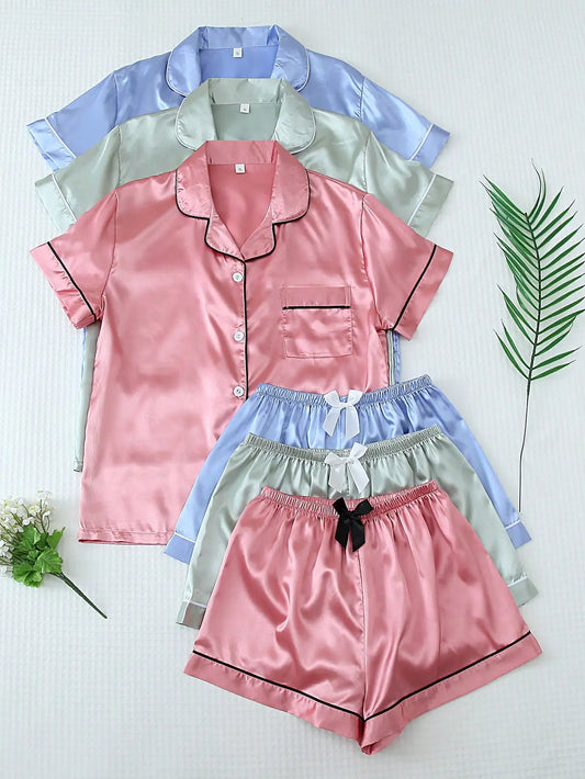 3-Piece Satin Pajama Set: Short Sleeve Button-Up Top & Bowknot Shorts for Women