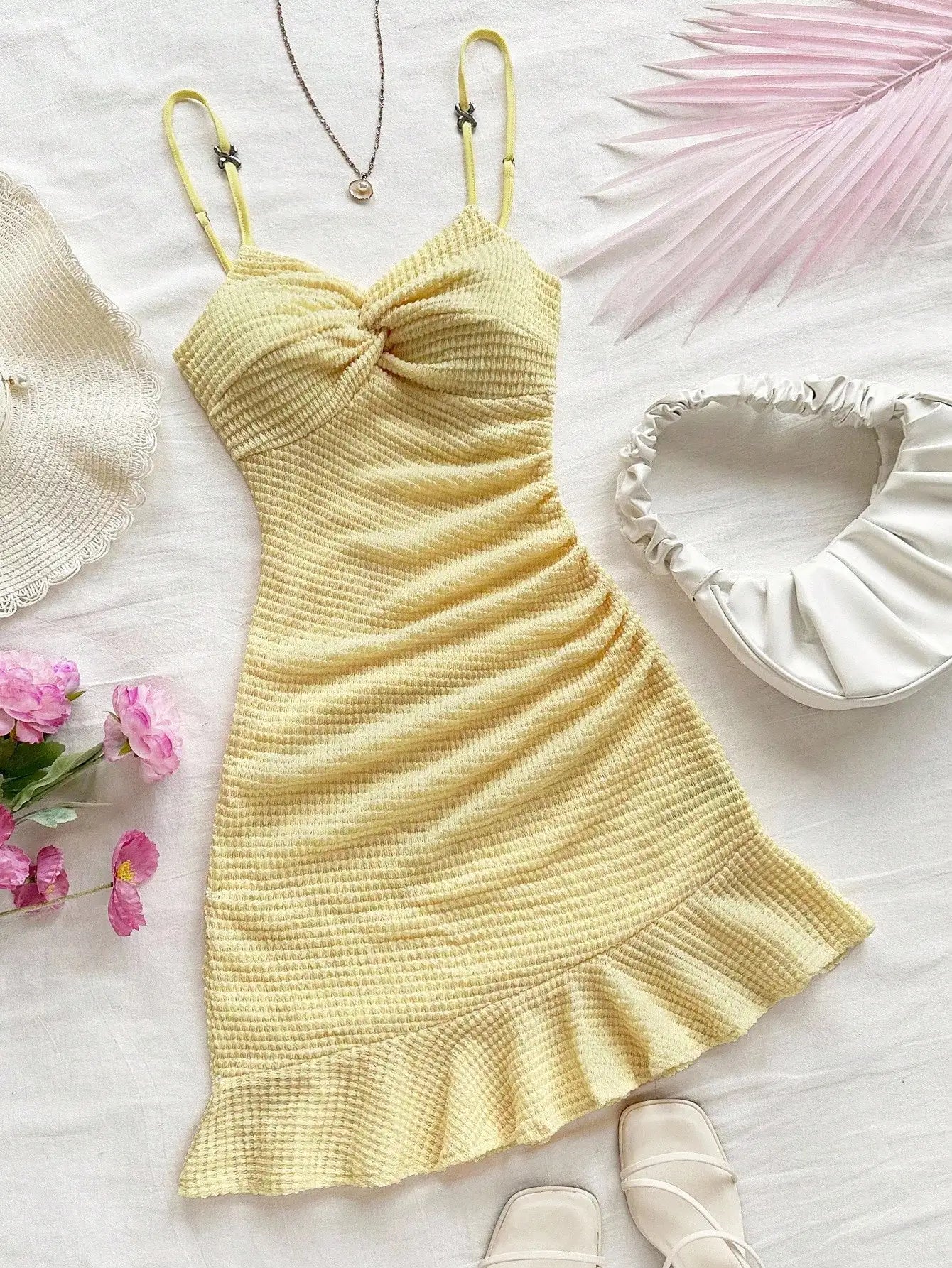 White Textured Knit Dress with Twist Bust and Ruffle Hem, Fitted Silhouette for Summer Vacations and Casual Outings