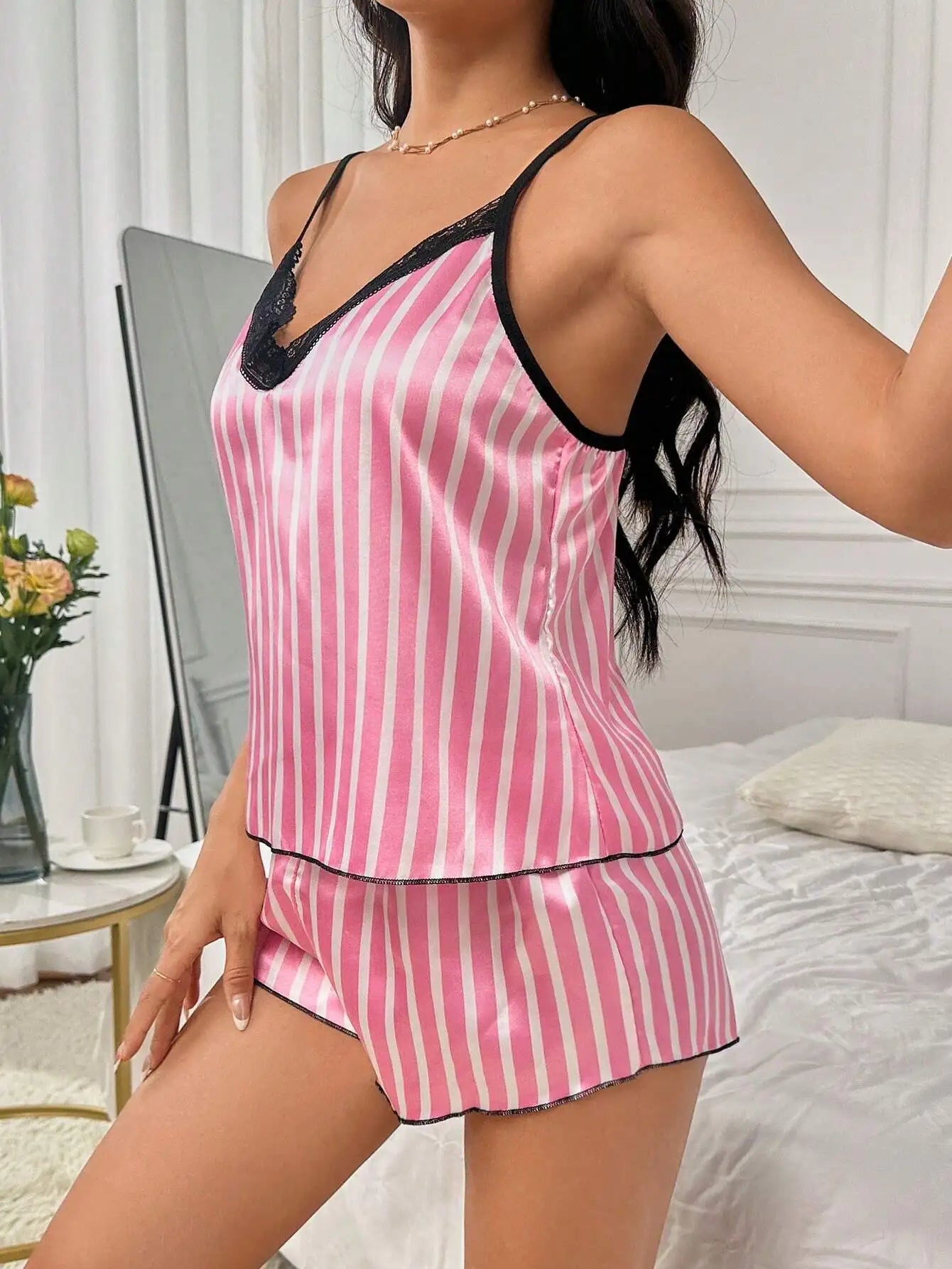 Pink & White Striped Satin Cami Top and Shorts Pajama Set with Lace Trim