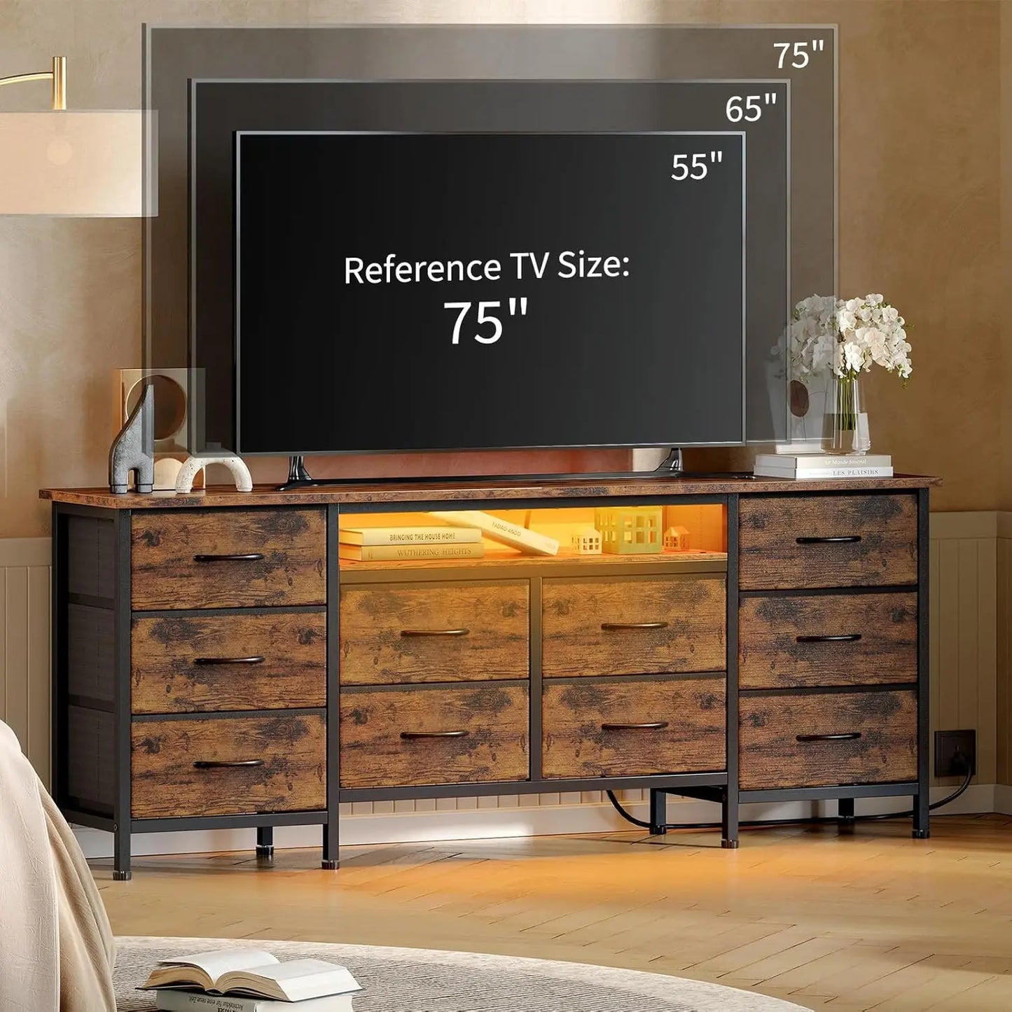 TV Stand for 65/70/75" TV, 10 Drawer Dresser with Power Outlets and LED Lights, Entertainment Center TV Stand Storage Drawers