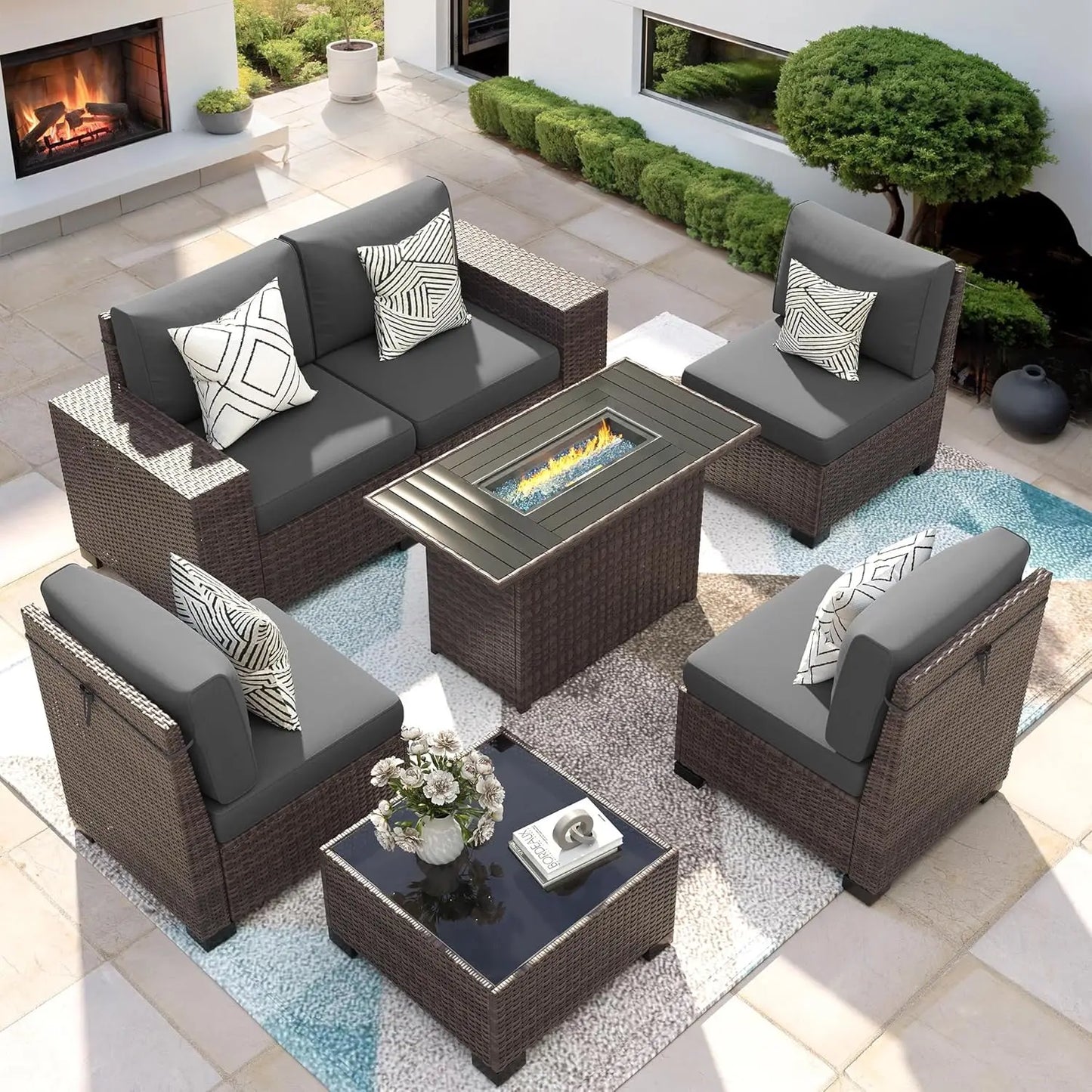 Patio Furniture Set with Fire Pit Table, 7 Piece Outdoor Sectional Conversation Sets Wicker Rattan Sectional Sofa, Customized