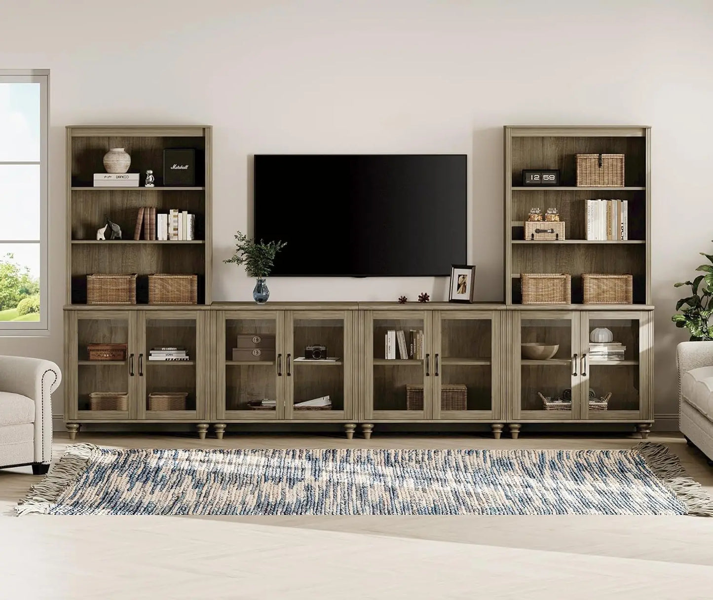 Farmhouse TV Stand Media Console Bookshelves Glass Doors Living Room Bedroom 75",Customized
