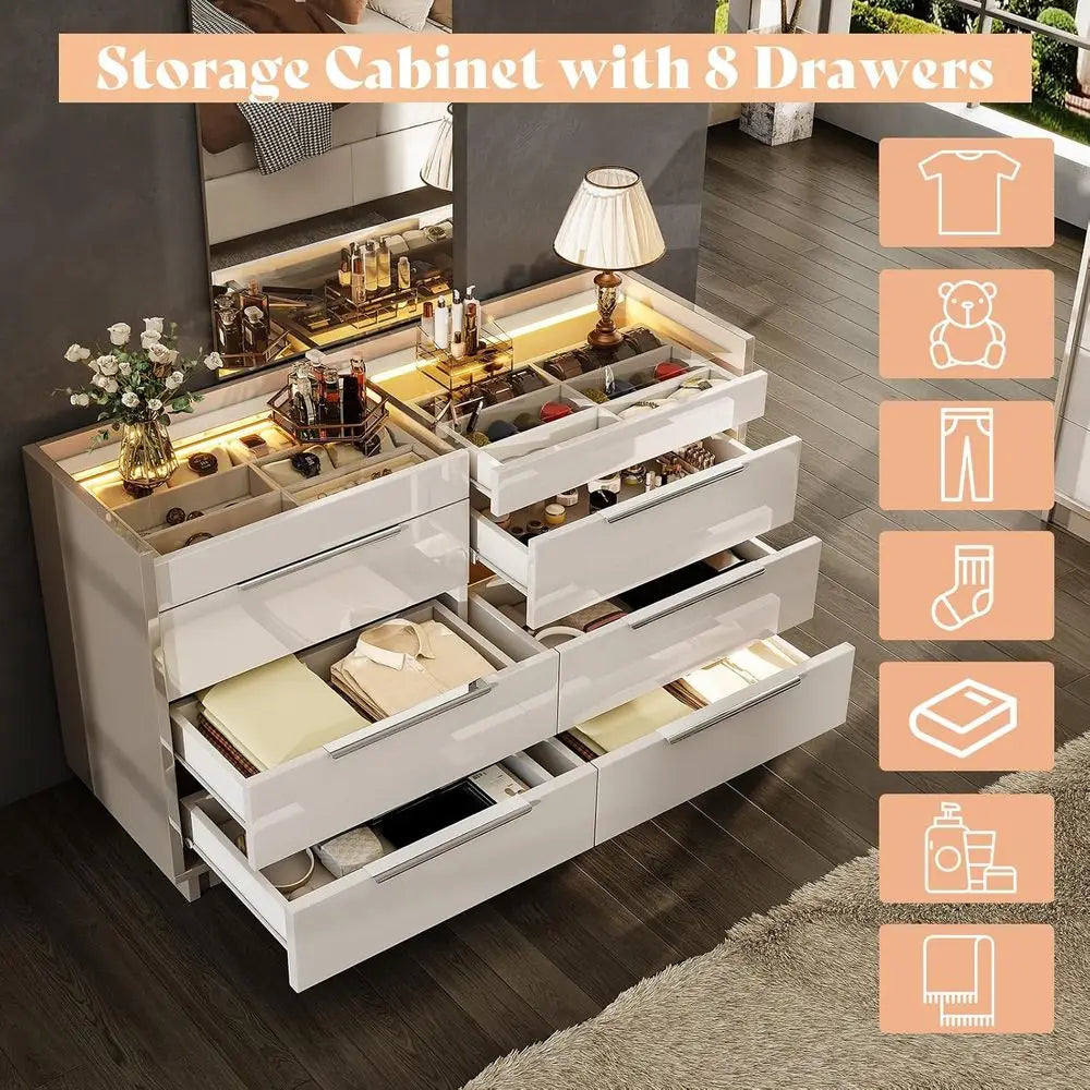 LED-Illuminated 8 Drawer High Gloss Chest with Glass Top and 2 Six-Grid Drawers, Suitable for Bedroom, Living Room, Dining Room