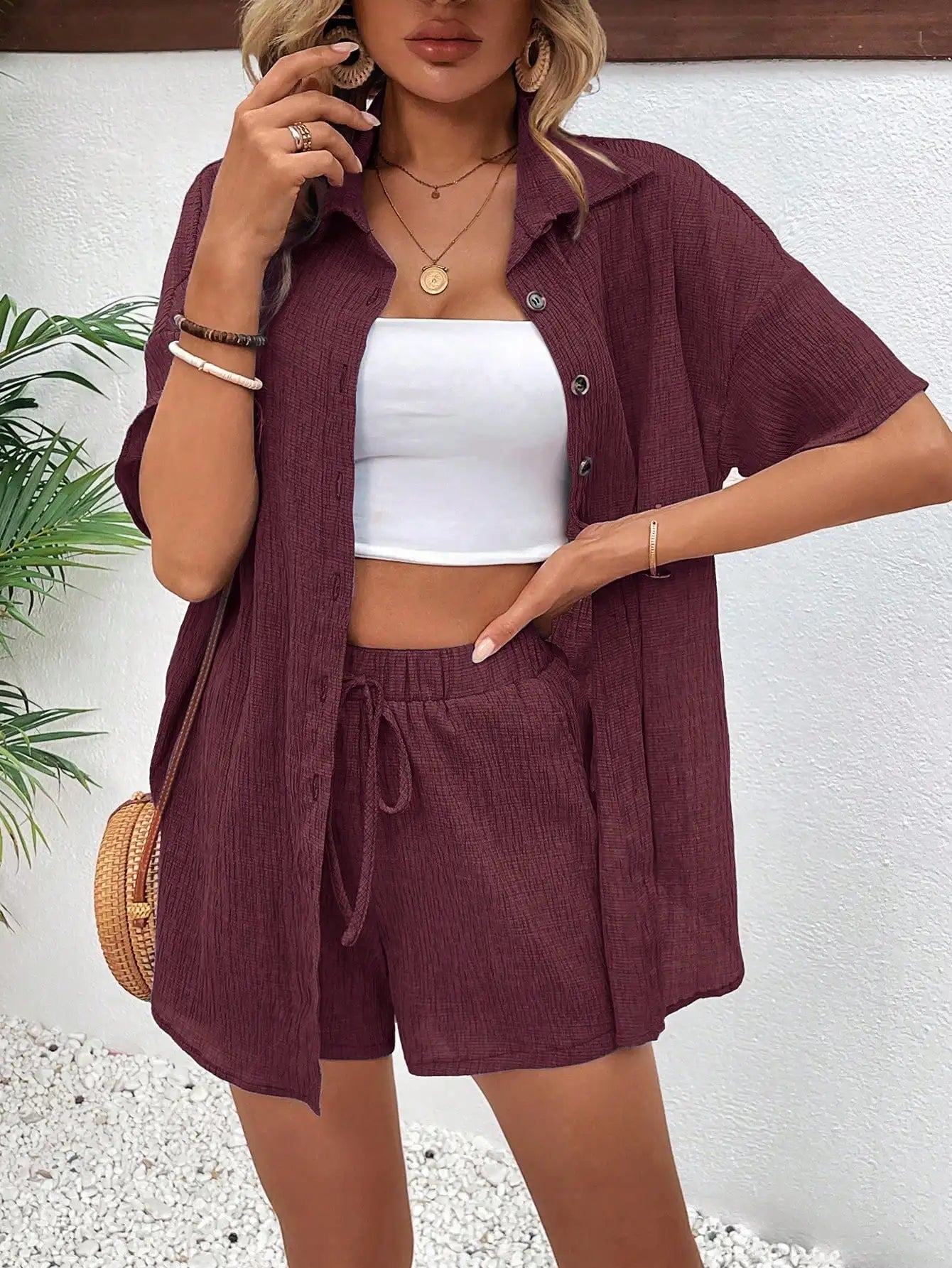 Women's Front Button Collar Short Sleeve Blouse And Tie Waist Shorts Set