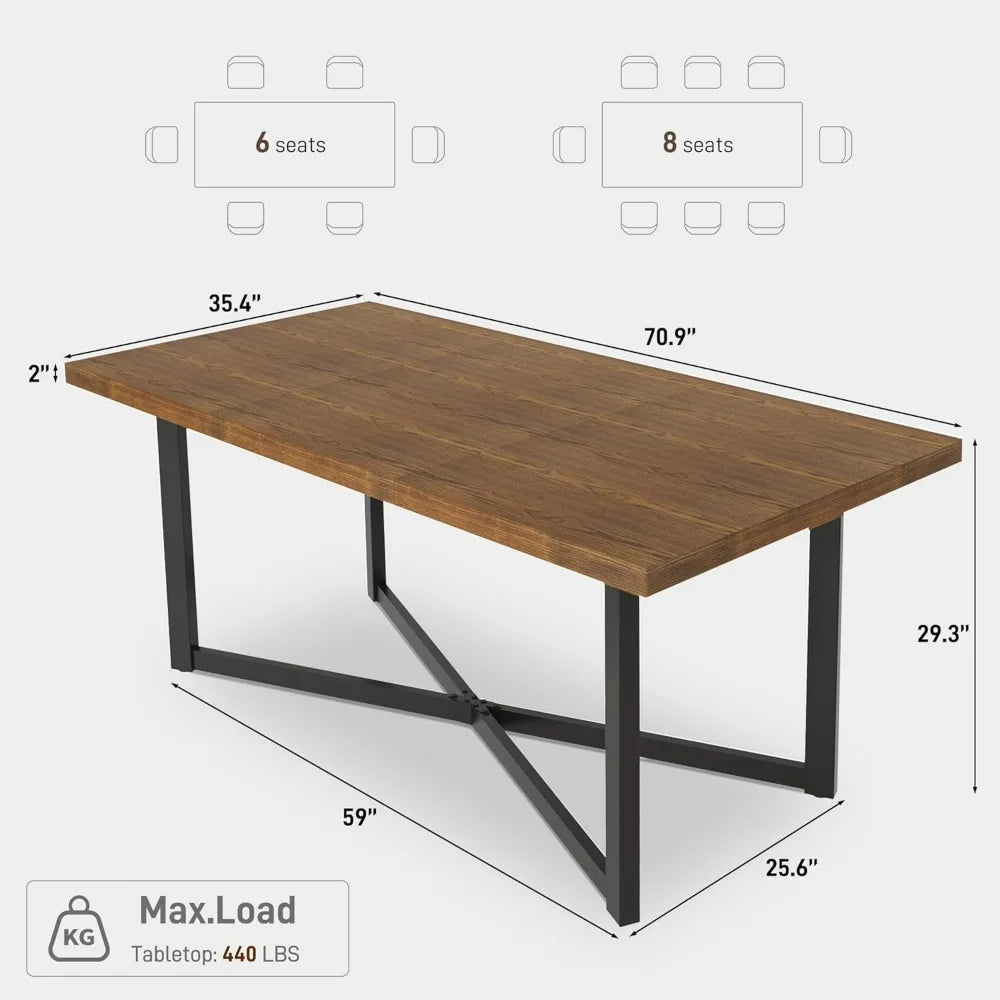 Farmhouse Solid Wood Dining Table With Durable Steel Legs